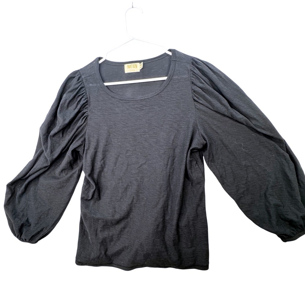 Nation LTD‎ Puff Sleeve Top Women Medium Black Pima Cotton Slub Knit Romantic